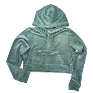 Hollister Green Velour Zip-Up Hoodie – Women’s Size L, Soft Cropped Plush Sweats